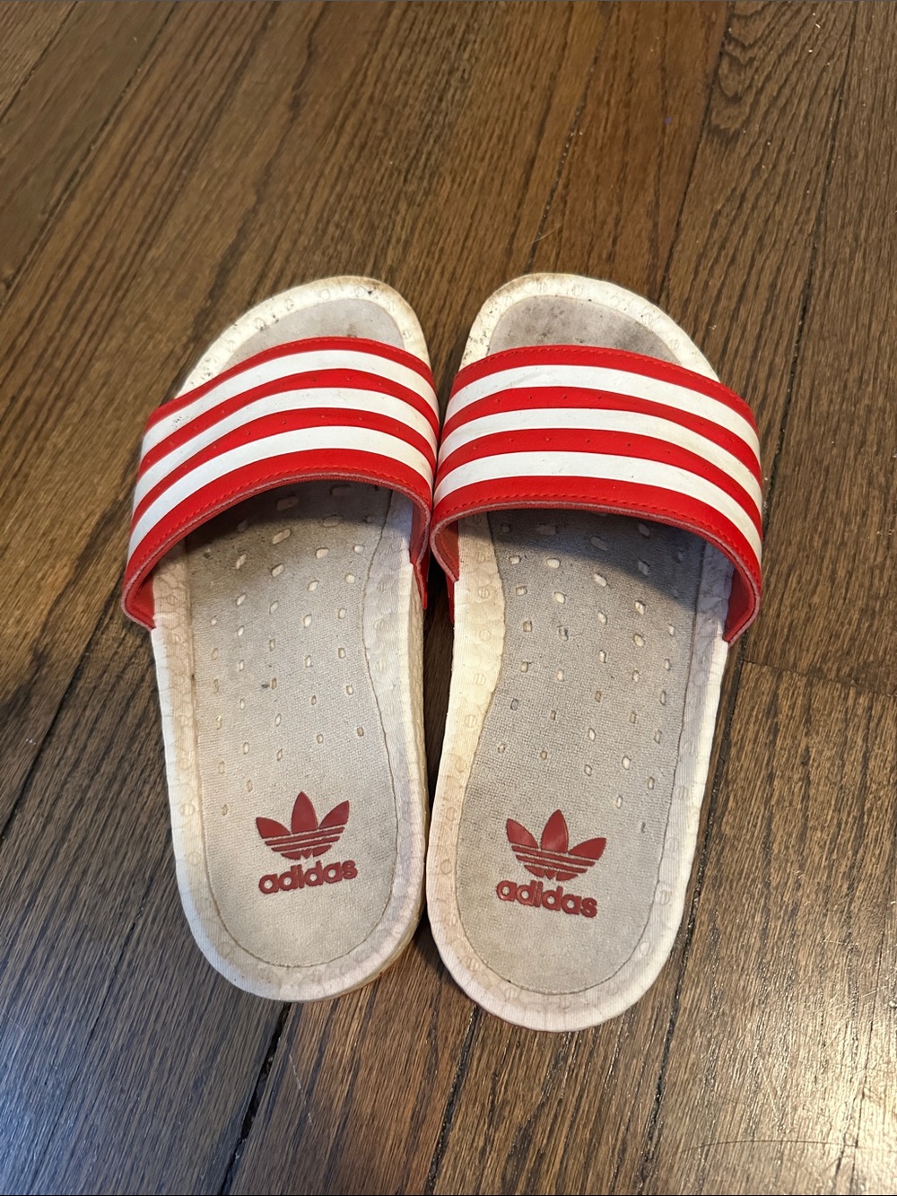 adidas women’s Red and White Striped Slide Sandals